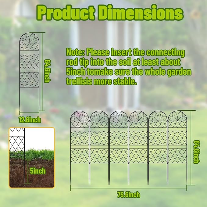 Garden Trellis for Climbing Plants, 6 Pack 75.6"Wx 64.6"H Rustproof Flower Trellis with Black Coating, Outdoor Climbing Rose Trellis Cucumbers Support for Courtyards Lawns (Diamond-shaped grid, 6 Pcs)