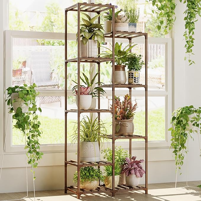 Bamworld Plant Stand Indoor Outdoor 9 Tier Tall Large Wood Plant Shelf Multi Tier Flower Stands Garden Shelves Wooden Plant Display Holder Rack for Living Room Corner