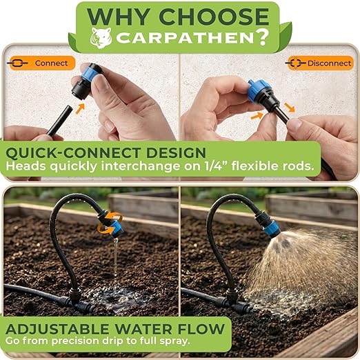 CARPATHEN 50FT 1/4" Drip Irrigation System - Complete Garden Irrigation Kit with 16pcs 360° Adjustable Atomizing Copper Nozzles - Watering Spray System for Raised Beds, Potted Plants, Greenhouse