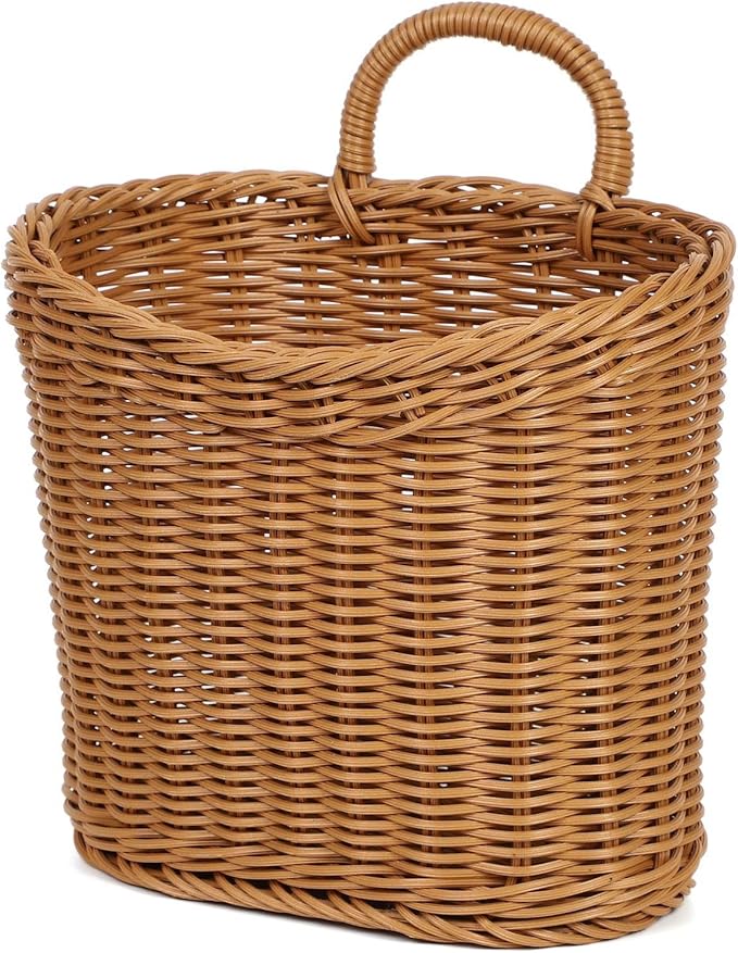Woven Hanging Wicker Basket for Front Door, Handmade Rattan Hanging Wall Baskets for Garden Farmhouse Home