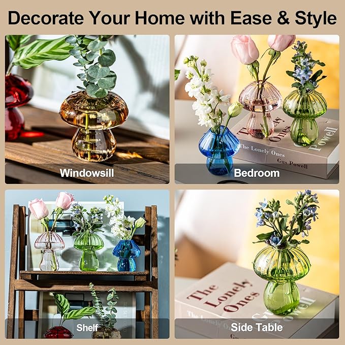 Mushroom Vases, Set of 3 Colored Plant Propagation Station, Mushroom Propagation Vase, Mini Terrarium for Plants, Cute Glass Hydroponic Vase for Flowers, Gifts for Women, Plant Lover (3)