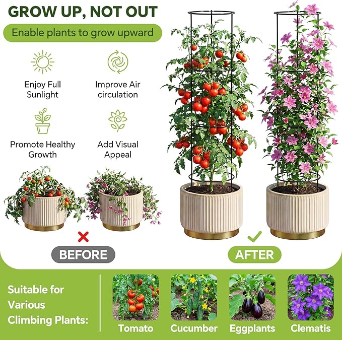 60 Inch Round Tomato Cages for Garden - 2 Pack Heavy Duty Metal Tomato Trellis Plant Support, Adjustable Height & Stackable, Easy Assembly for Outdoor Climbing Plants