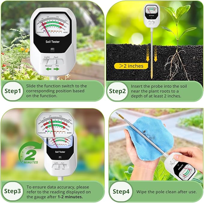 4-in-1 Soil Moisture Meter Soil Moisture/Fertility/PH Meter/Sunlight Intensity Soil Test Meter for Gardening, Farming and Outdoor Plants