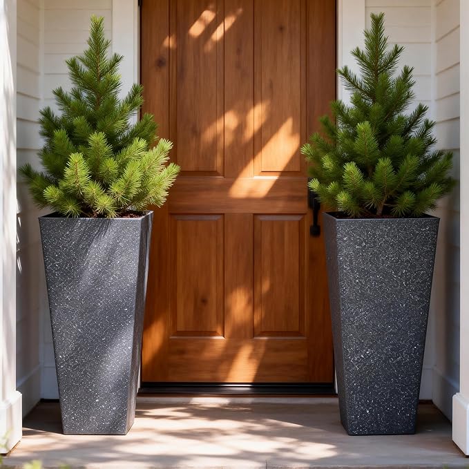 Autodaya 28" Plant Pots Tall Planters for Plants Outdoor Set of 2 Plastic Planter Pot Large Flower Pots Indoor Weather-Resistant for Patio, Porch, Garden, Front Door Christmas Decor Terrazzo Black