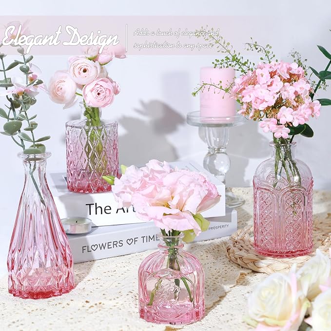 TBWIND Pink Glass Bud Vase Set of 24, Small Flower Vases for Centerpieces in Bulk, Mini Vintage Vase for Wedding Decor, and Home Table Décor