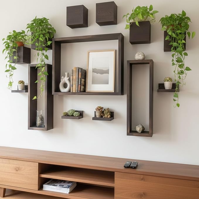 LaLaGreen Wooden Floating Shelves (13-Piece Set) Wall Mounted Plant Shelf, Planter Boxes for Indoor Plants, Decorative Wood Display Shadow Box Kitchen, Bathroom, Bedroom, Living Room, and Home Decor