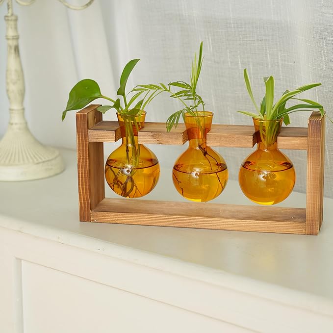 Kingbuy Glass Plant Terrarium Propagation Station - 3 Bulb Colored Vases with Retro Wood Stand Indoor Garden Planter - Wall Mount Desktop Decor for Home Kitchen Wedding, Plant Lover Gift, Amber