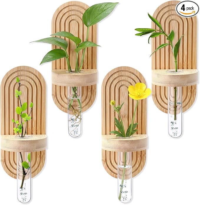 Beeveer 4 Sets Hanging Plant Propagation Stations Bamboo Wood Wall Mounted Test Tube Vase Rustic Decorative Glass Planter Holder Gift for Women Plant Lover Hydroponic Flowers Home and Office Decor