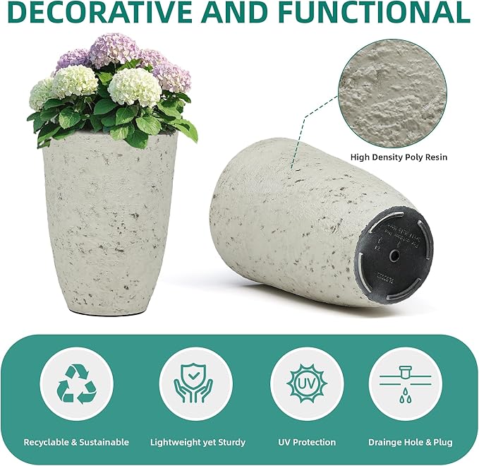 Autodaya 19.5" Resin Tall Planters for Outdoor Plants, Set of 2 Country White Large Flower Pots with Handmade Birch Bark Texture, Heavy-Duty and Weather-Resistant for Year Round Indoor Outdoor use