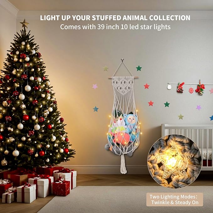 63 Inch Jumbo Stuffed Animal Storage w/ LED Star Light, Toy Hammock Wall Ceiling Over Door Hanging Organizer for Nursery Stuffy Plushie, Cream Stuffed Animals Hammock Corner for Kid Girls Boys Gift