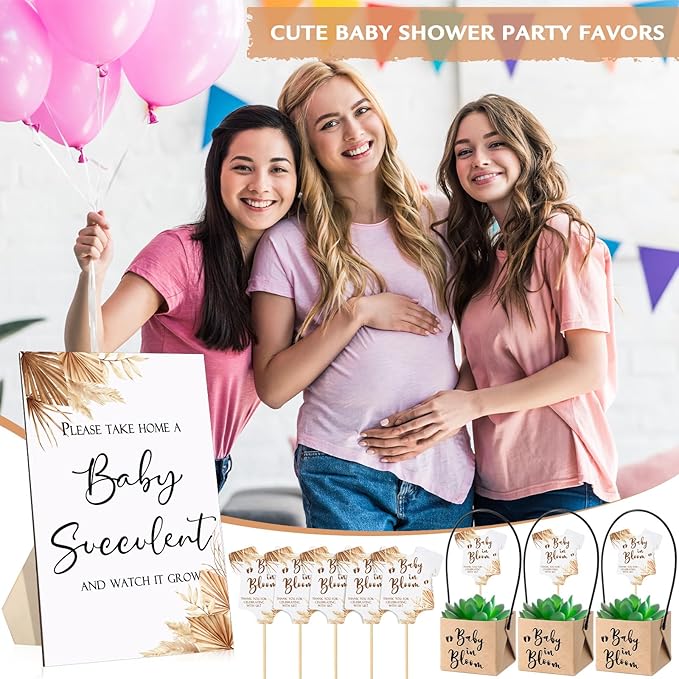 Geetery 101 Pcs Succulent Baby Shower Party Favors for Guests Include 1 Wooden Table Sign 50 Kraft Succulent Pots and 50 Tags for Baby Shower Party Gifts(Boho)
