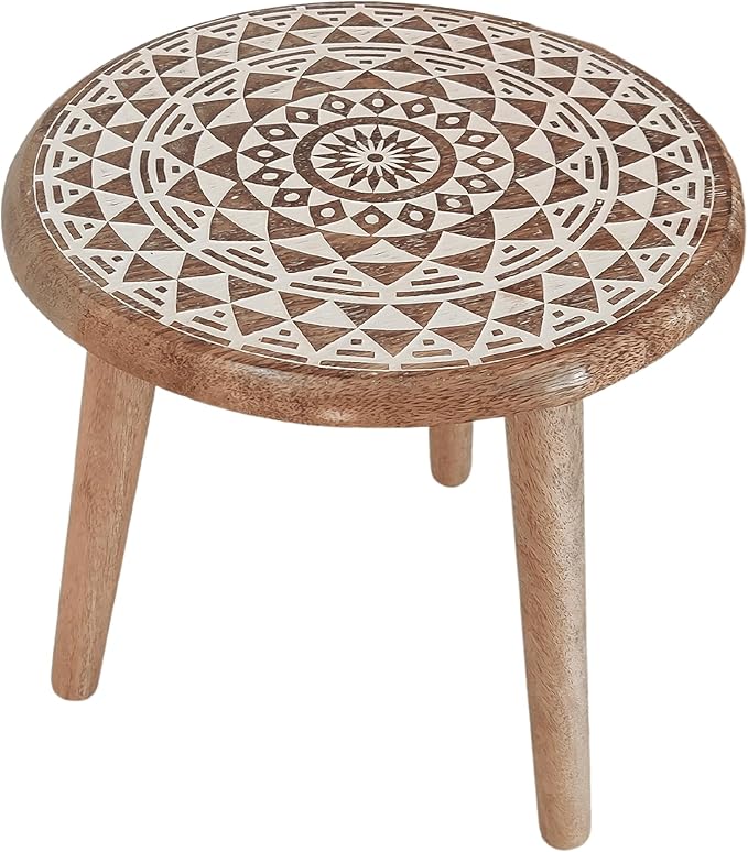 VANIYA CRAFTS® Wooden Engraved Fold-able Round End Table/Side Table/Plant Stand/Stool for Living Room Bedroom Restaurant Kids Play Furniture Table Round Shape (Natural White 5)