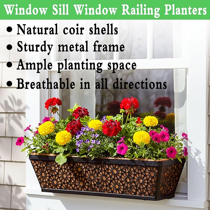 2 Pack 24 Inch Black Metal Manger Coconut Palm Flower Pots Wall Mounted Home Flower Pot Hanging Basket Flower Pot Hanging Basket for Gardening, Balcony, Garden and Patio