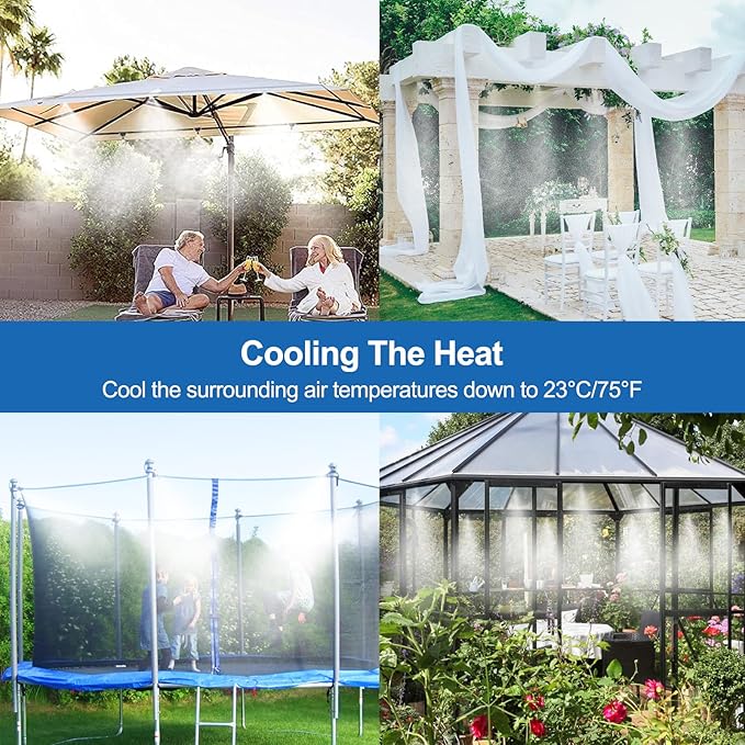 Pre-Assembled Mister Hose for Outside Patio, Misting System for Outdoor, 65Ft|20M. Backyard Cooling Mist for Garden, Greenhouse, Deck, Umbrella, Canopy, Pool, Porch.Trampoline Sprinkler Park, Chicken