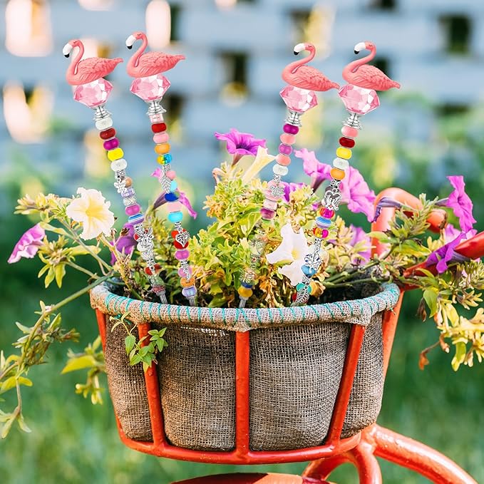 Lineshading 95 Pcs Beaded Garden Stakes Kit Flamingo Decorative DIY Fairy Wand Garden Stake Beads Kits for Plant Stakes Toppers Jeweled Ornament DIY Craft Supplies