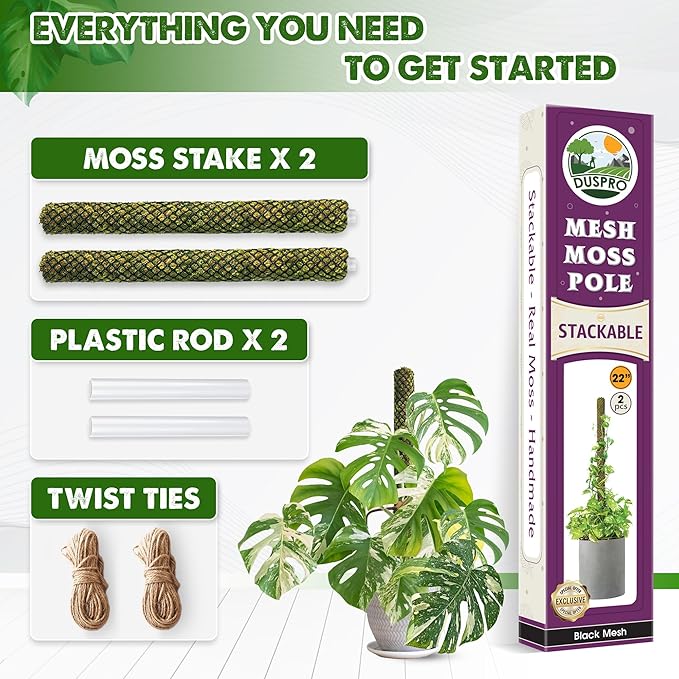 DUSPRO 2 Pack 22" Black Stackable Mesh Moss Pole for Plants – Extendable Up to 39", Natural Forest Moss Pole Monstera Plant Support, Moss Stick for Climbing Plants, Indoor Plant Stakes Accessories