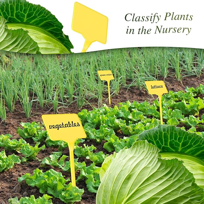 Marsui 202 Pcs Large Plant Labels Kit, Include 100 Outdoor Plastic Plant T Type Tags Waterproof Reusable Plant Markers Stakes, 100 PET Films and 2 Marker Pens for Herbs Pot (Yellow,6 Inch)
