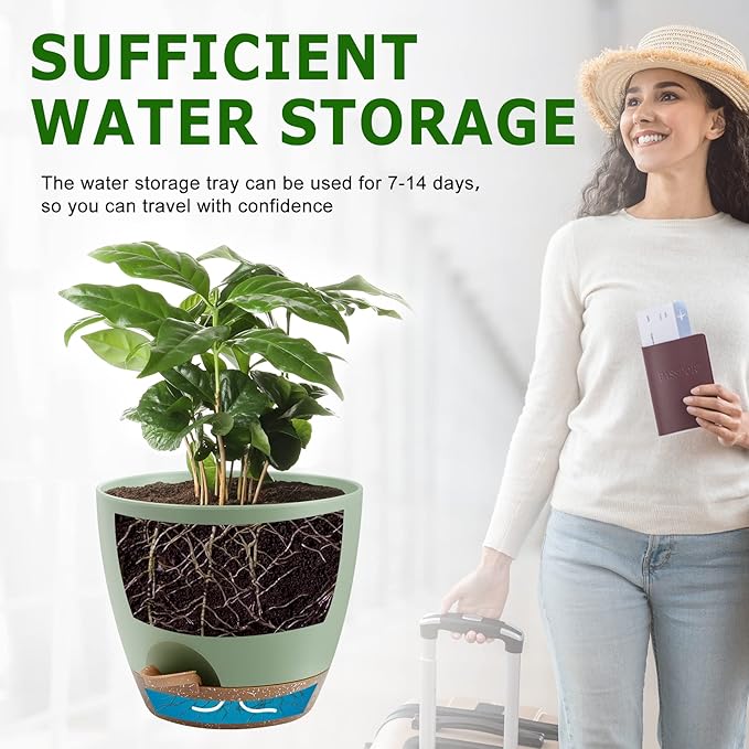 QRRICA Plant Pots 10/9/8 Inch Self Watering Pots, Set of 3 Plastic Planters with Drainage Holes and Saucers,Plastic Flower Pots,Nursery Planting Pot for Indoor Out Door Plants（Green）