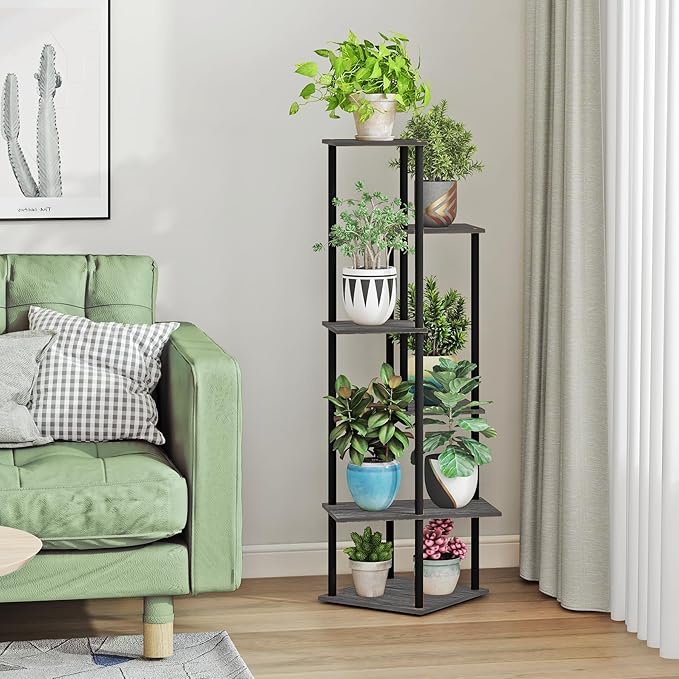 Tall Plant Stand Indoor, 6-Tier Modern Plant Shelf for Multiple Plants, Wood Metal Flower Holder for Living Room Balcony Bedroom, Oak Grey