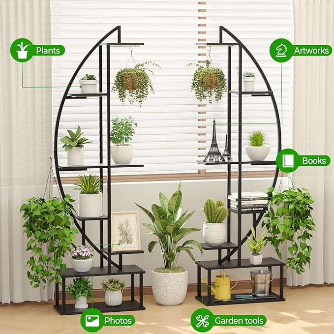 Plant Stand Shelf Indoor with 6 Grow Light, 7 Tiered 65" Tall Black Large Half Moon Lighted Plant Rack Holder, 2 Pack Big High Circular Arch Multi Herb Stand with Built in LED Grow Light Set