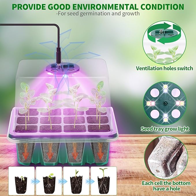 Qoolife Seed Starter Tray with Plant Light, 2 Pack Grow Lights for Seed Starting Kit with Humidity Domes, Timing Controller Adjustable Brightness for Greenhouse Propagator Station Planting Growing