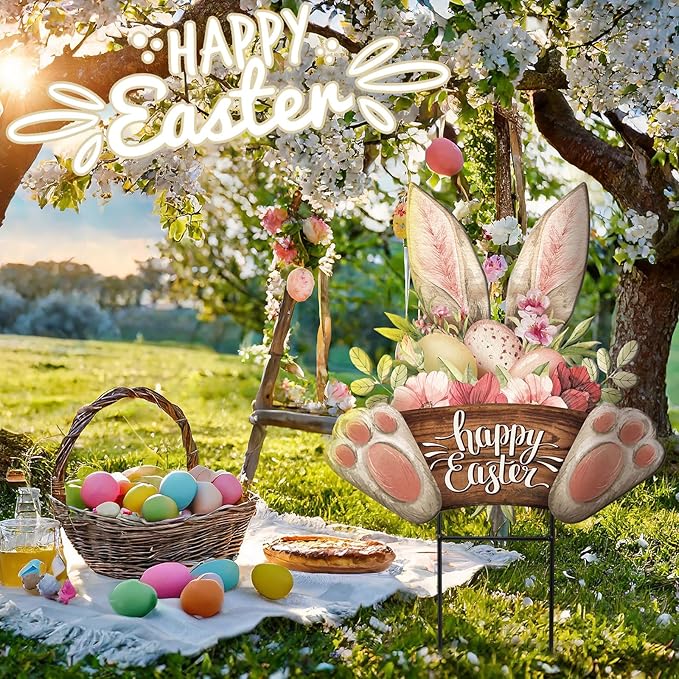 Amyhill Happy Easter Outdoor Decorations Bunny Metal Garden Stakes 25 Inch Welcome Yard Signs Easter Rabbit Egg Decor Outdoor Decorative Garden Stakes Spring Decorations Patio Lawn Walkway