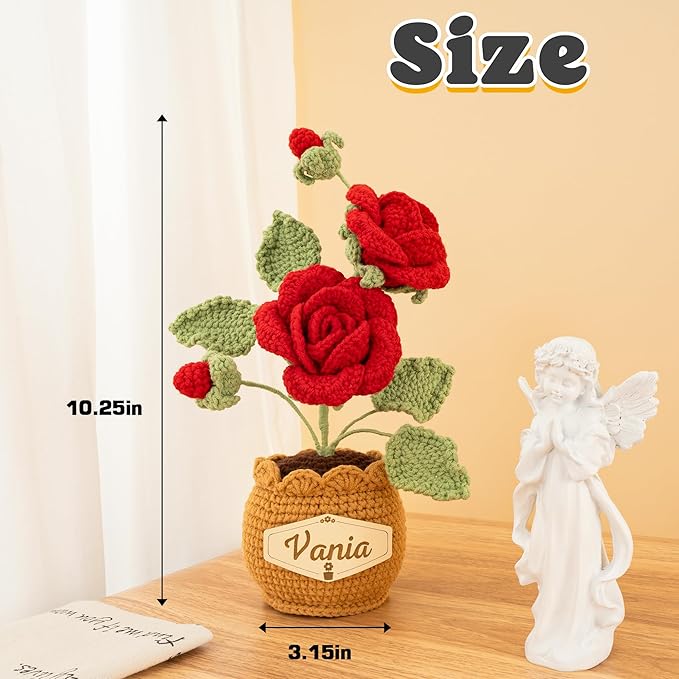 Crochet Flowers with Personalized Leather Name Tag Handmade Knitted Flowers for Home Office Desk Decor Crochet Rose Flower Potted Plant Crochet Gift for Women,Mom,Teacher, Birthday(Red)