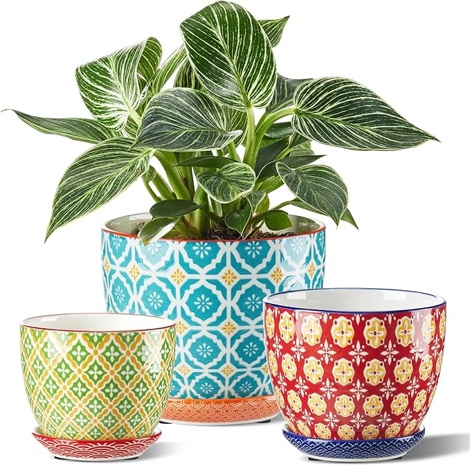 Metahom Ceramic Plant Pots, 3.8+4.9+5.8 Inch, Set of 3 Flower Pots with Drainage Hole & Saucer, Trio Planter Pots Set for House Plants, Home Decor, Vibrant Colors