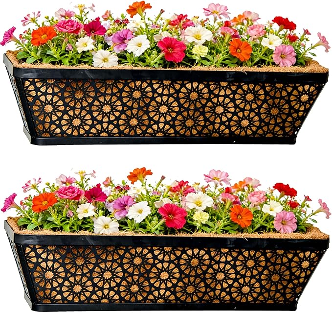 2 Pack 30 Inch Black Metal Manger Coconut Palm Flower Pots Wall Mounted Home Flower Pot Hanging Basket Flower Pot Hanging Basket for Gardening, Balcony, Garden and Patio