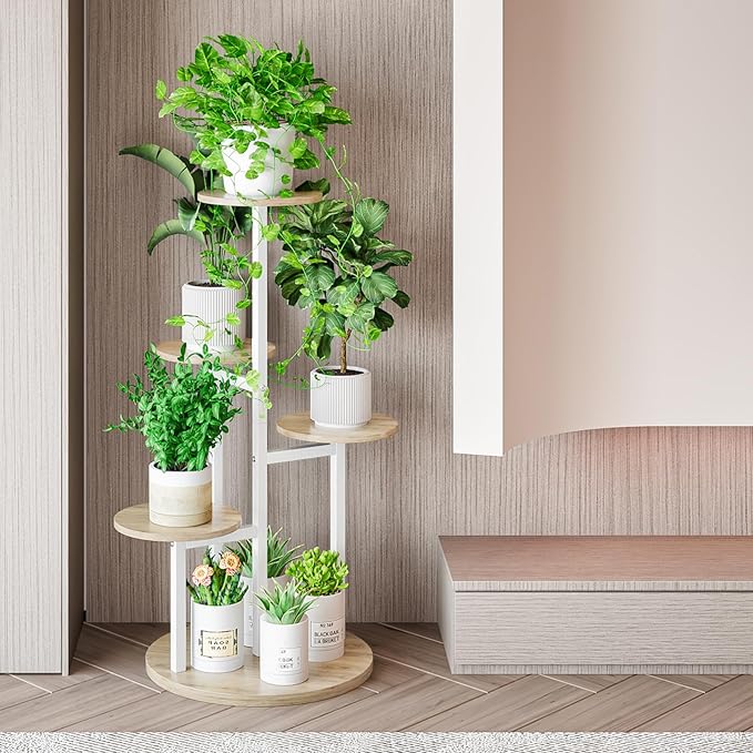 INGIORDAR Plant Stand Indoor Outdoor Corner Plant Shelf for Multiple Flower Pots Flower Stand Holder for Patio Garden Balcony Living Room (White+Sonoma Oak, 5 Tier)