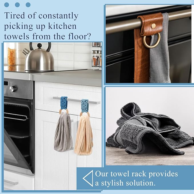 Tioncy 4 Pcs Kitchen Dish Towel Holder Mother's Day Gifts Boho Handmade Crochet Hanging Towels Loop Ring Knit Towel Hanger for Cabinet House Oven Stove Door, 4 Colors(Blue)