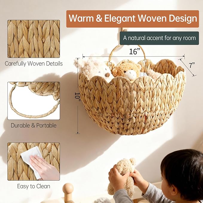 Coeusy Wicker Hanging Basket,Scalloped Wall Basket for Organizing & Decor,Woven Water Hyacinth Hanging Wall Baskets for Flower,Mail,Stuffed Animals,Hanging Storage Baskets for Wall,Door,Nursery