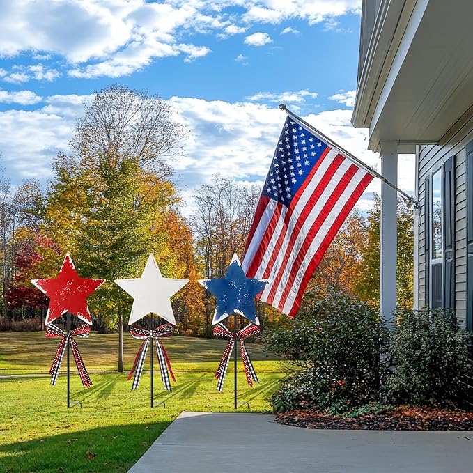 Amyhill 4th of July Outdoor Decor Patriotic Star Metal Garden Stakes Welcome Yard Signs Retro Red White Blue American Star Garden Stakes for 250th Anniversary Patio Lawn Walkway Outside Decorations