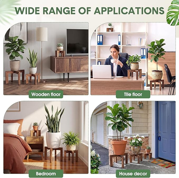 Pinkunn 3 Pcs Wood Plant Stand Indoor Plant Stand for 3-12 Inch Pots Mid-century Modern Plants Stool Plants Pot Holder Home Decor for Balcony Living Room Office Courtyard Detachable(Classic Style)