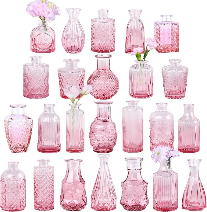 TBWIND Pink Glass Bud Vase Set of 24, Small Flower Vases for Centerpieces in Bulk, Mini Vintage Vase for Wedding Decor, and Home Table Décor