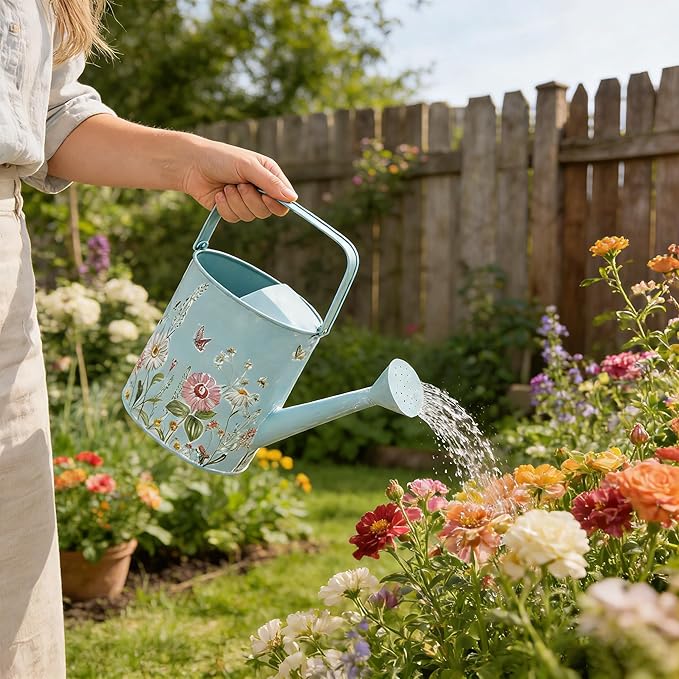 Vintage Floral Metal Watering Can for Indoor/Outdoor Plants, Blue Functional Garden Waterer with Long Spout, Garden Water Pot Rustic Decor for Home Garden Patio
