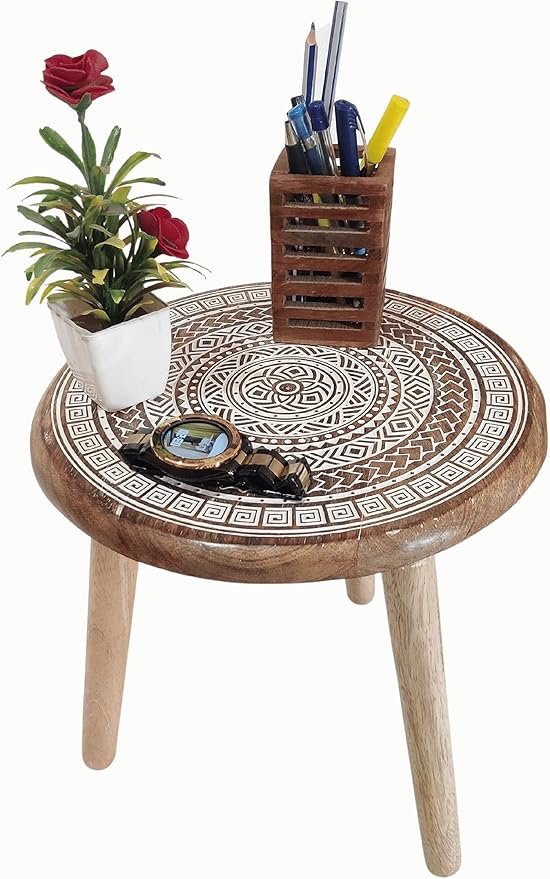 VANIYA CRAFTS® Wooden Engraved Fold-able Side Table/End Table/Plant Stand/Stool for Living Room Bedroom Restaurant Kids Play Furniture Table Round Shape (Natural White 2)