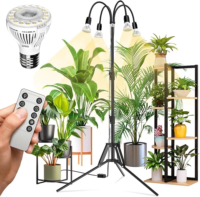 SANSI Grow Lights for Indoor Plants, 4 Head Dimmable Plant Lights for Indoor Growing, 35"-64" Adjustable Tripod LED Grow Light Lamp with Remote Control Auto On/Off Timer 4 Pack of Par20 10W Bulbs