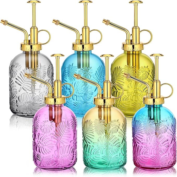 Sliner 6 Pack Glass Plant Mister Spray Bottles 7.7" Tall Glass Water Spray Bottle 12.2 oz Hand Pump Sprayer Fine Mist Watering Can with One Hand Top Pump for Indoor & Outdoor Houseplants(Golden)