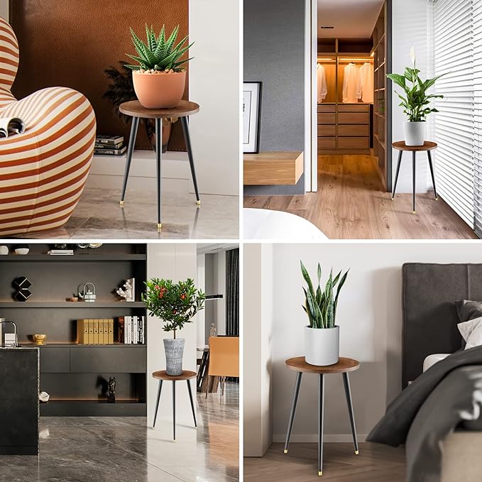 KINNARY Plant Stand Indoor,Mid Century Wood Plant Stand Plant Table for Flower Pots,Heavy Duty Metal Tall Plant Holder, Modern Home Decor Small Round Side End Table 2 Pack (11.8"x16")