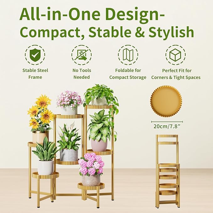 7 Tier Large Tiered Plant Stand Indoor, 7.9 Inch Wide Tall Corner Metal Plant Stands Outdoor for Multiple Plants, Flodable Tall Flower Display Holder Rack Shelf for Patio Balcony House -GoldFloroma