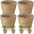4 Pcs Straw Plant Baskets Indoor Rattan Woven Flower Baskets with Plastic Liner, Cattail Plant Planter for Indoor Outdoor Rustic Boho Home Farmhouse Floor Potted Pots Decor