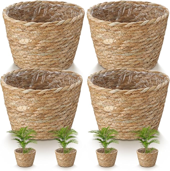 4 Pcs Straw Plant Baskets Indoor Rattan Woven Flower Baskets with Plastic Liner, Cattail Plant Planter for Indoor Outdoor Rustic Boho Home Farmhouse Floor Potted Pots Decor