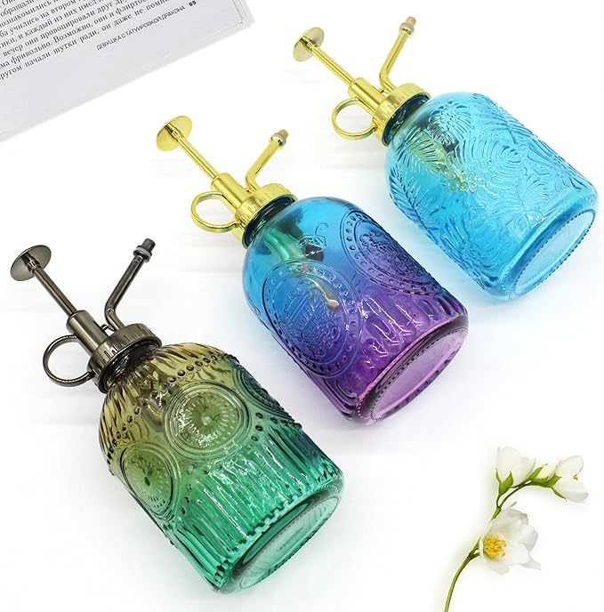 Glass Plant Mister Spray Bottle, 350ML Vintage Plant Spritzer with Top Pump Watering Can for Indoor Outdoor House Plants, Flowers (Gold-Green)