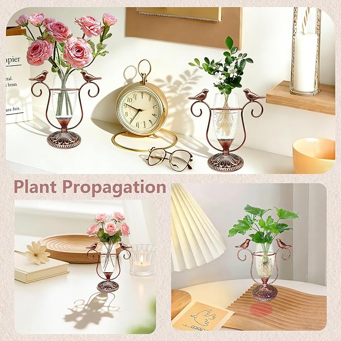 Vintage Glass Plant Propagation Station, Propagation Terrarium Flower Vases, Plant Lovers Gifts for Office Living Room Desk Decor (Copper Bird)