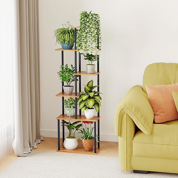 Plant Stand Indoor, 6-Tier Tall Plant Shelf Multiple Metal Wood Flower Pot Holder for Living Room Office Balcony Patio, Rustic Brown