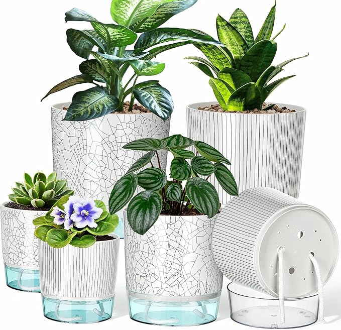 Self Watering Pots for Indoor Plants, 4/5.5/6.3 Inch Plant Pots Indoor Outdoor with Drainage Holes, Deep Reservoir, Plastic Self Watering Flower Pots