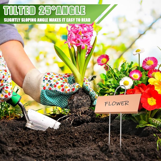 Maitys 38 Pcs Metal Plant Labels Garden Markers Outdoor Weatherproof 10.6 Inch Stainless Steel Nursery Tags Reusable Bulk with Pens for Flower Fruit Vegetable Seedling (Rose Gold Label with Black Ink)