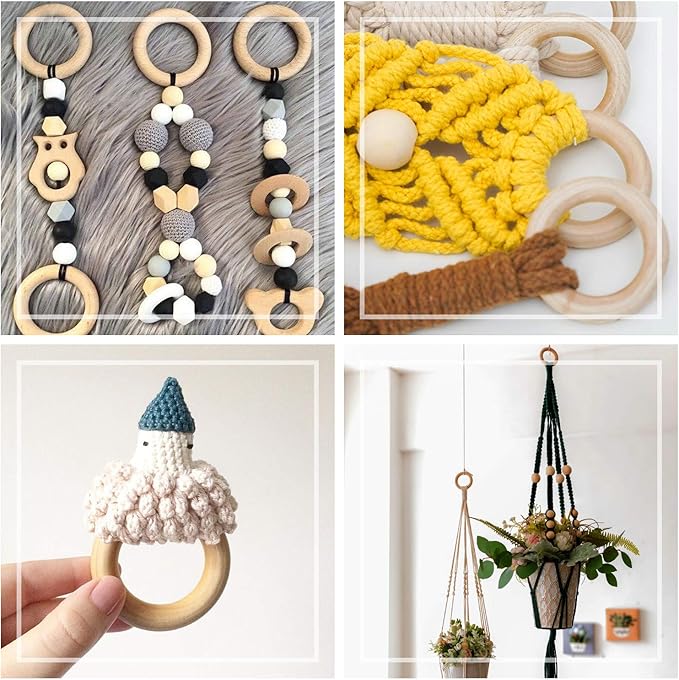 15 Pcs Macrame Wooden Rings, Natural Unfinished Solid Wood Rings for DIY Craft Pendant Connectors (55 mm)