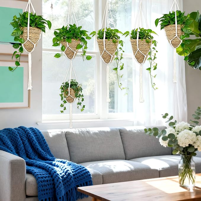 RAINFLOW Macrame Plant Hanger - 5 PCS Hanging Planters for Indoor Plants Outdoor Decorative Flower Pot Holder Wall Decor Living Room Boho Home Decor Set of 5 35"/41"/55" 3 Size Pots Not Included